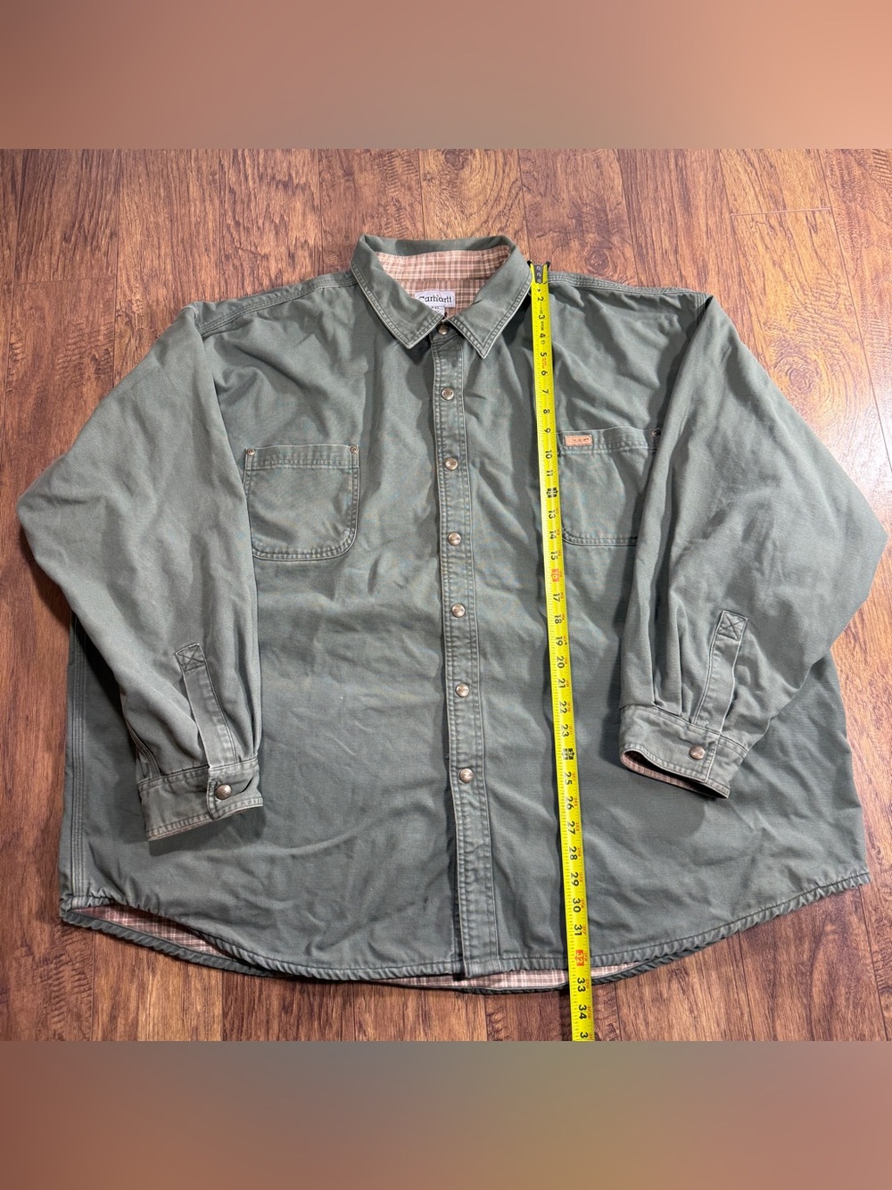 Carhartt 4XL Green Flannel Lined Canvas Work Shirt Jacket Distressed Workwear